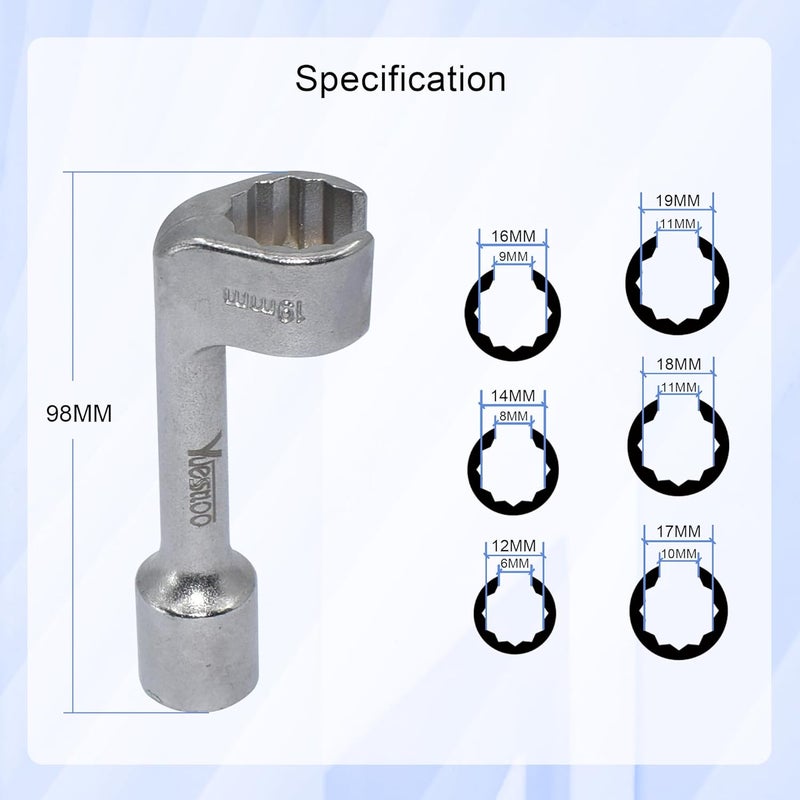 Yuesstloo 1/2" Dr Injection Line Socket Wrench Set, 6pc 12pt Diesel Fuel Line Socket Set, L-Type Injection Line Socket with 12 14 16 17 18 19mm Wrenches, Fuel Line Dismantling Removal Tool - Image 5
